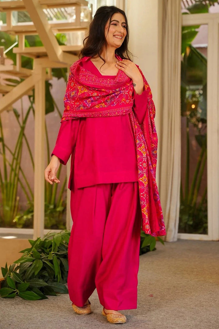 Trendy Crepe Fabric Rani Color Readymade Patiala Suit | Buy Online India