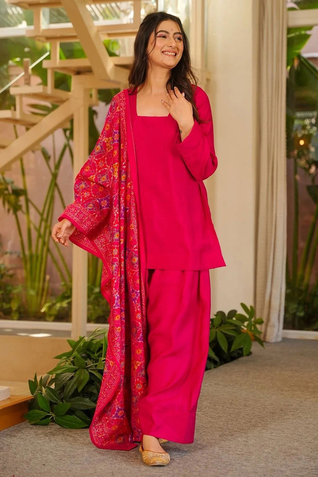 Trendy Crepe Fabric Rani Color Readymade Patiala Suit | Buy Online India