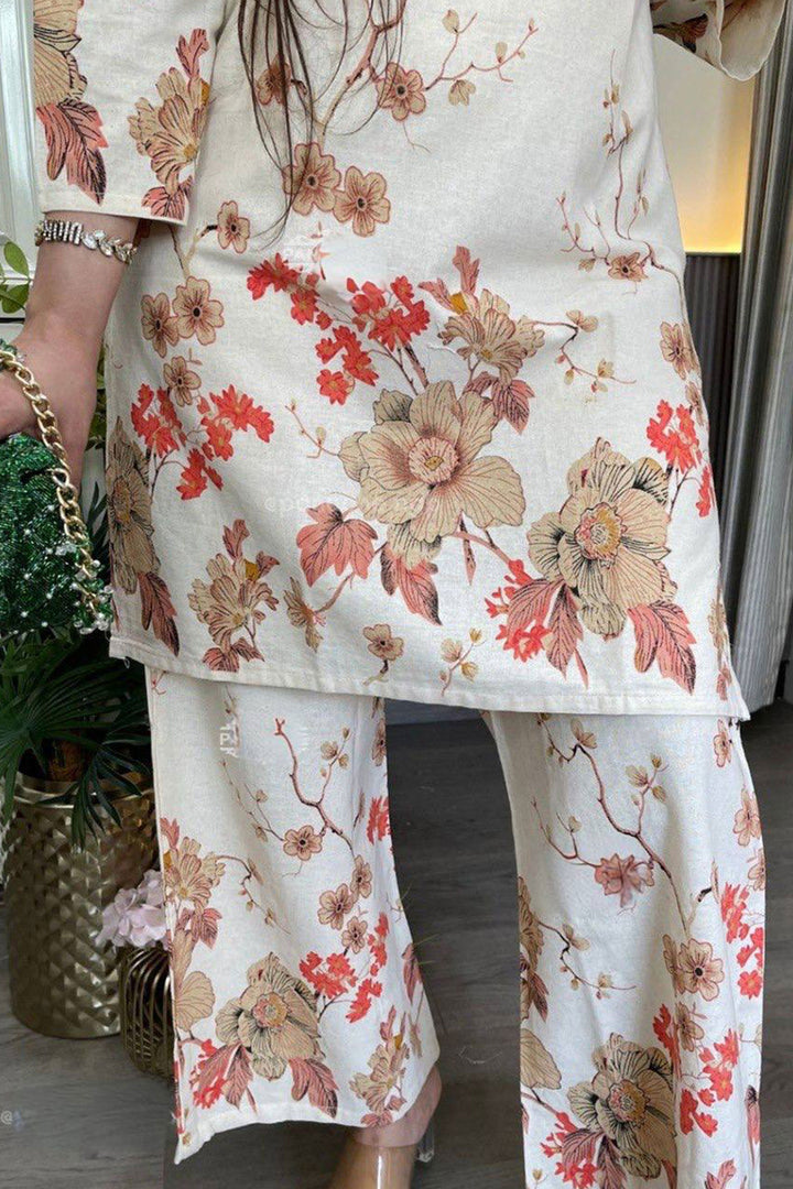 Beige Color Printed Cotton Readymade Top With Bottom | Buy Online India