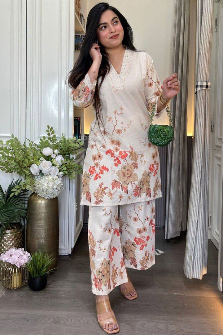 Beige Color Printed Cotton Readymade Top With Bottom | Buy Online India