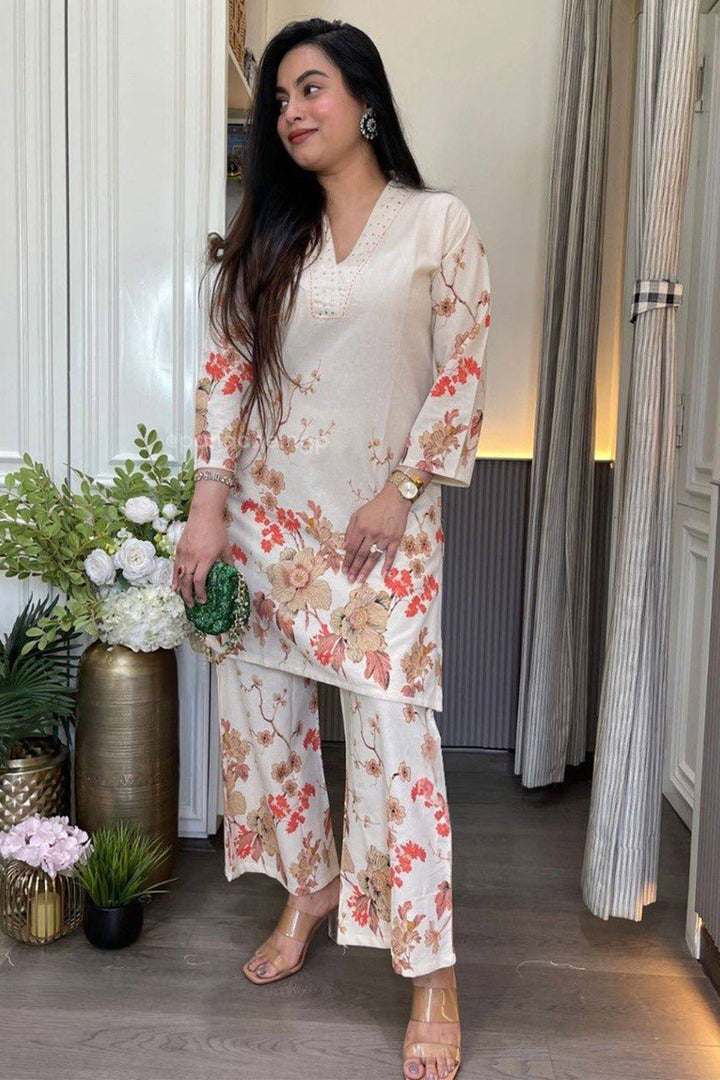 Beige Color Printed Cotton Readymade Top With Bottom | Buy Online India