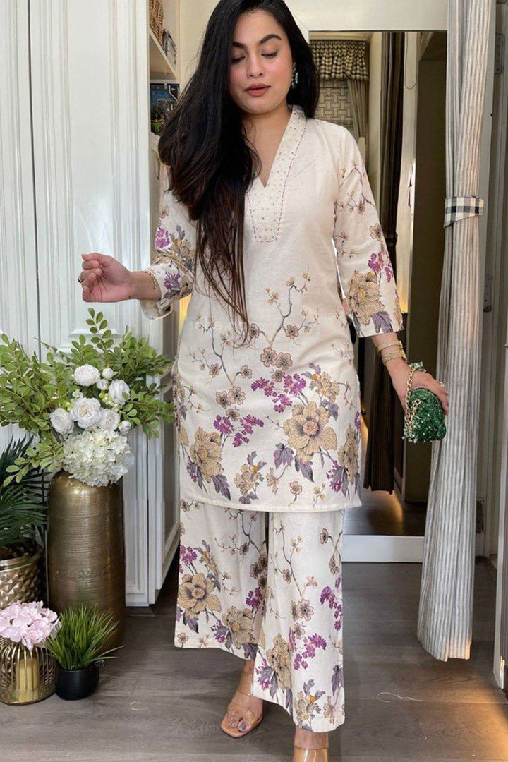 Cream Color Printed Cotton Readymade Top With Bottom | Buy Online India
