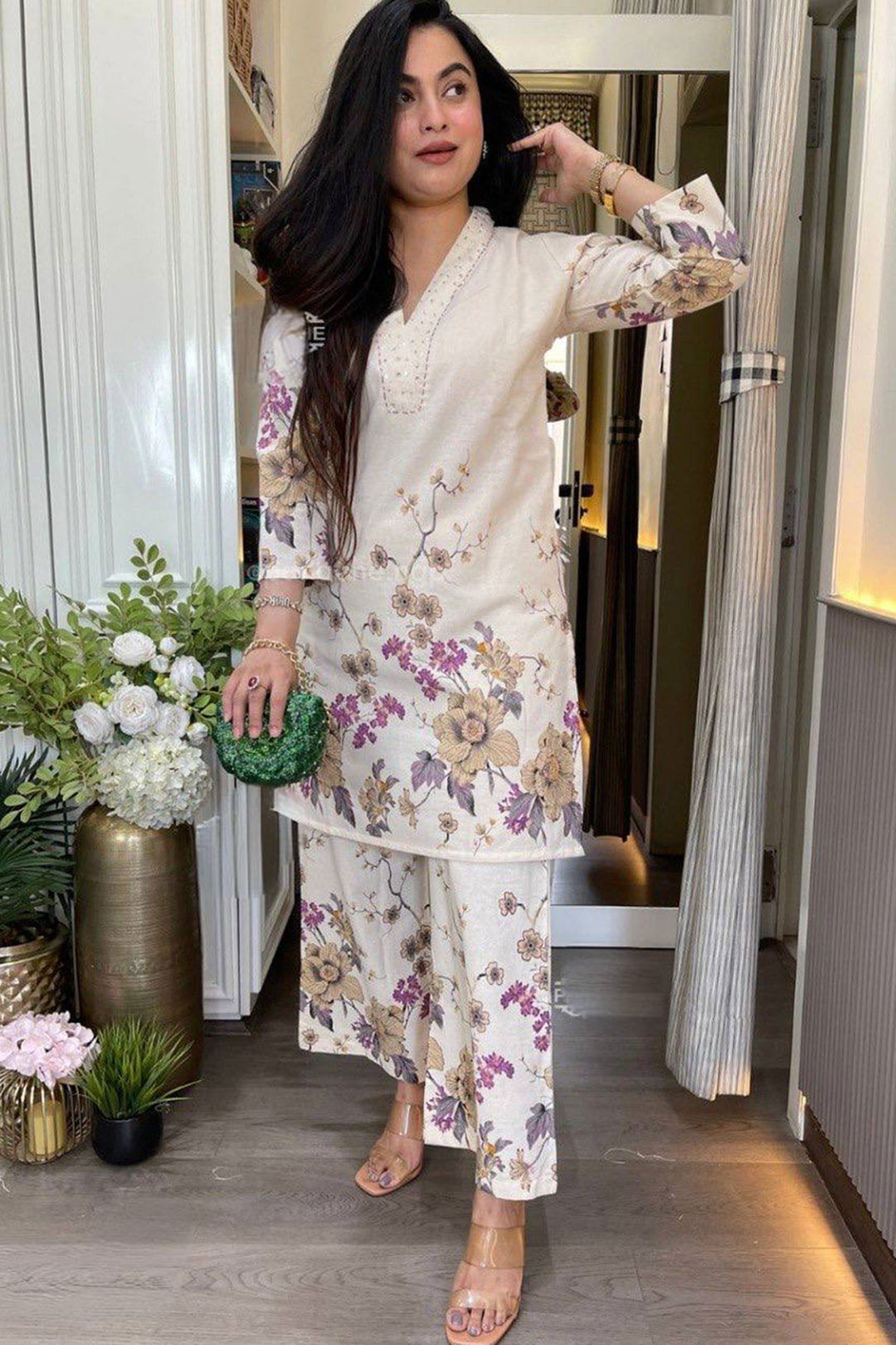 Cream Color Printed Cotton Readymade Top With Bottom | Buy Online India