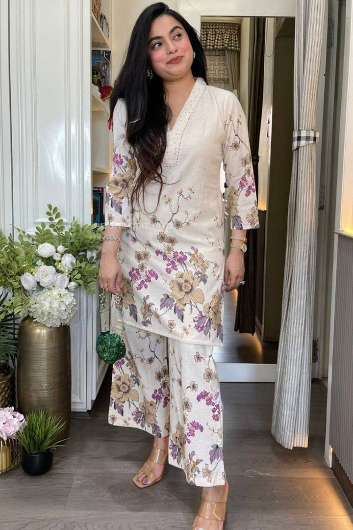 Cream Color Printed Cotton Readymade Top With Bottom | Buy Online India