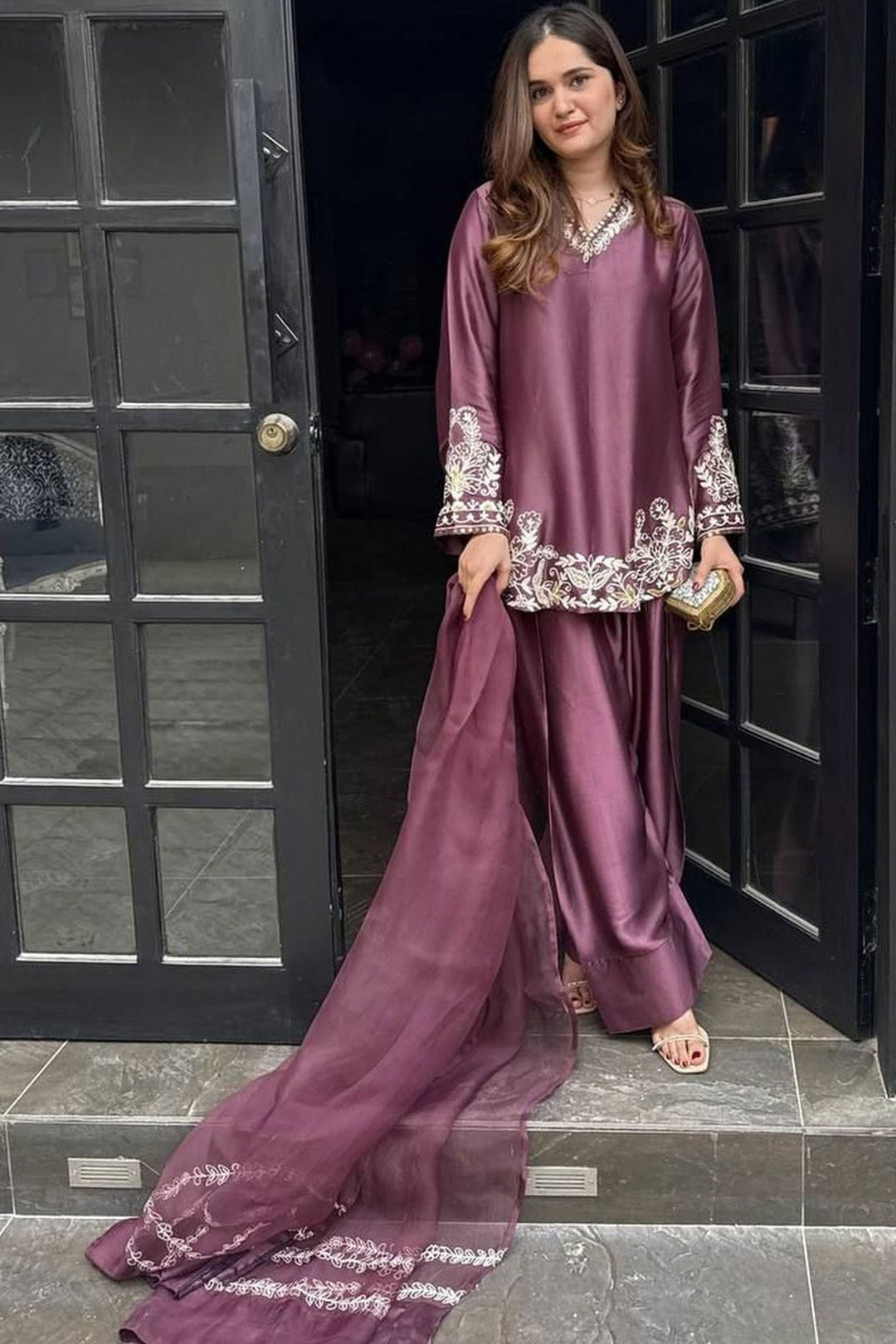 Graceful Wine Color Crepe Fabric Readymade Patiala Suit | Buy Online India