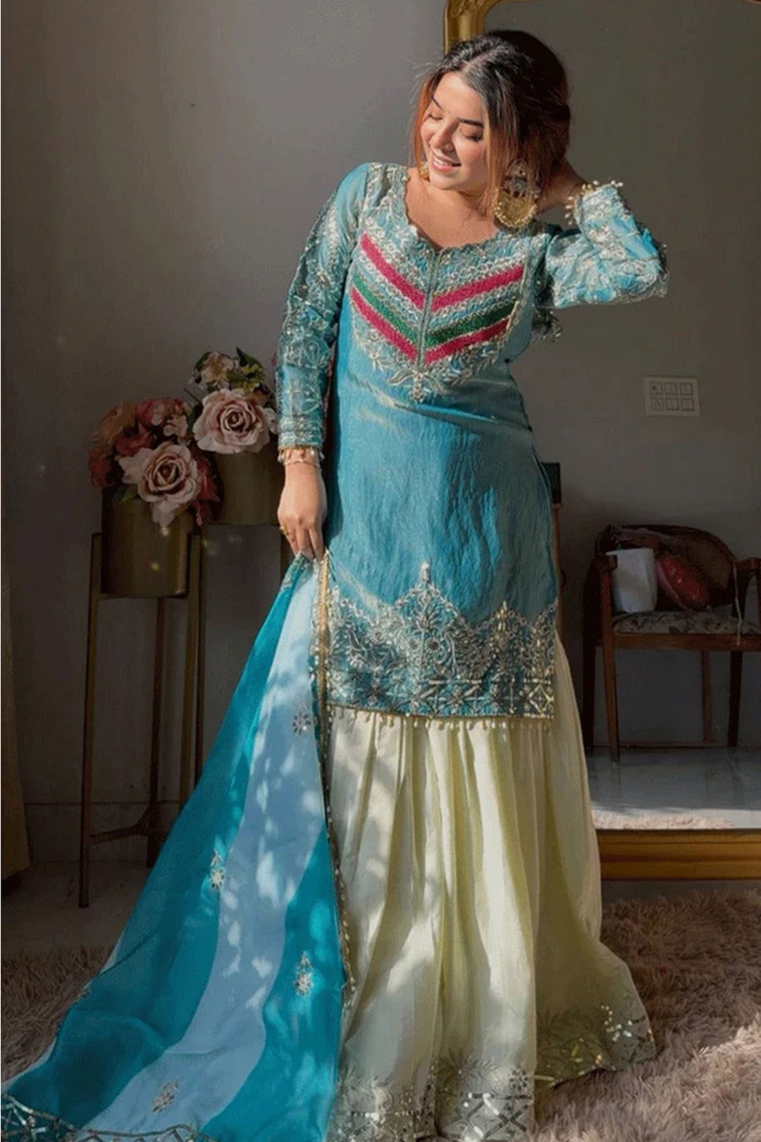 Cyan Color Satin Silk Readymade Gharara Suit