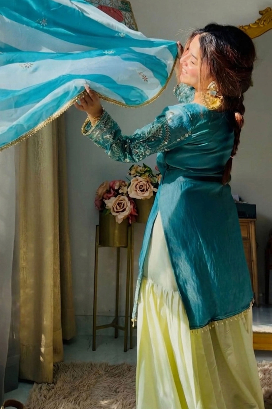 Cyan Color Satin Silk Readymade Gharara Suit