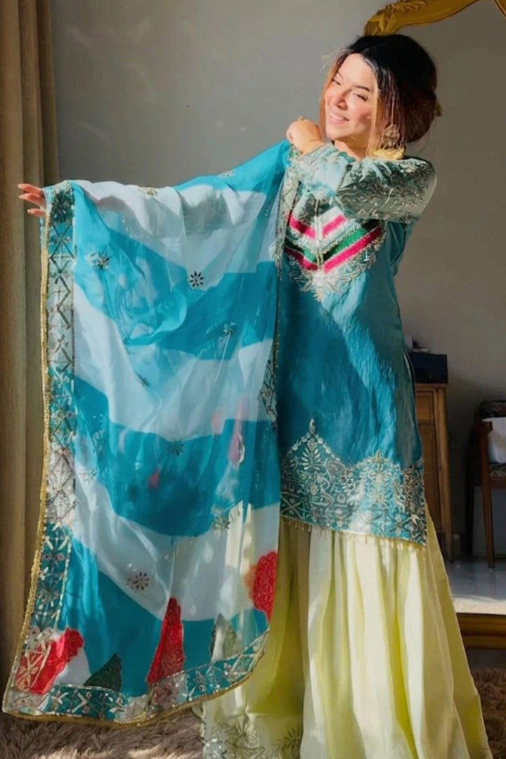 Cyan Color Satin Silk Readymade Gharara Suit