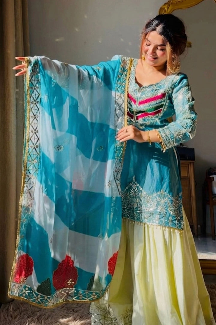 Cyan Color Satin Silk Readymade Gharara Suit