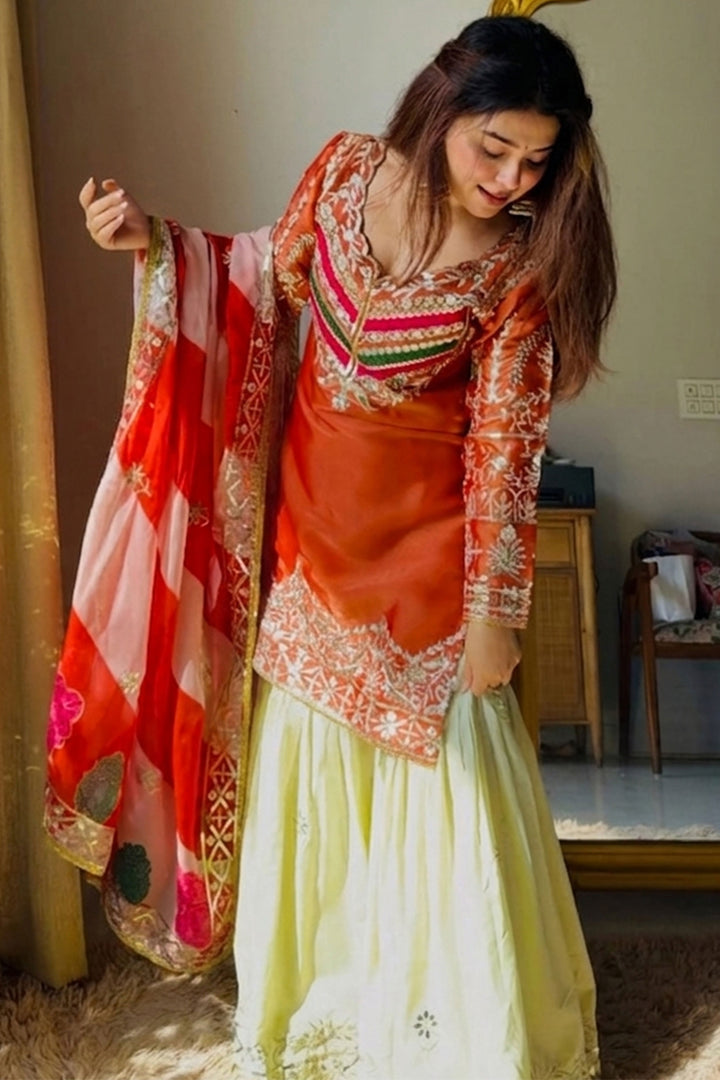 Satin Silk Rust Color Embroidered Readymade Gharara Suit