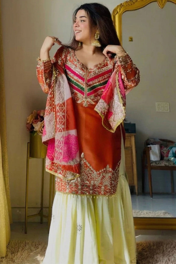 Satin Silk Rust Color Embroidered Readymade Gharara Suit
