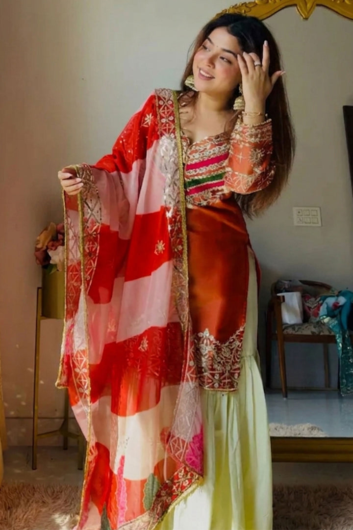 Satin Silk Rust Color Embroidered Readymade Gharara Suit