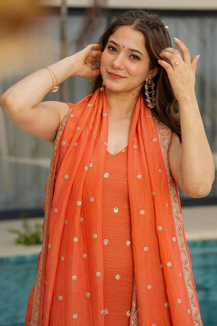 Orange Chinon Silk Engaging Readymade Palazzo Suit