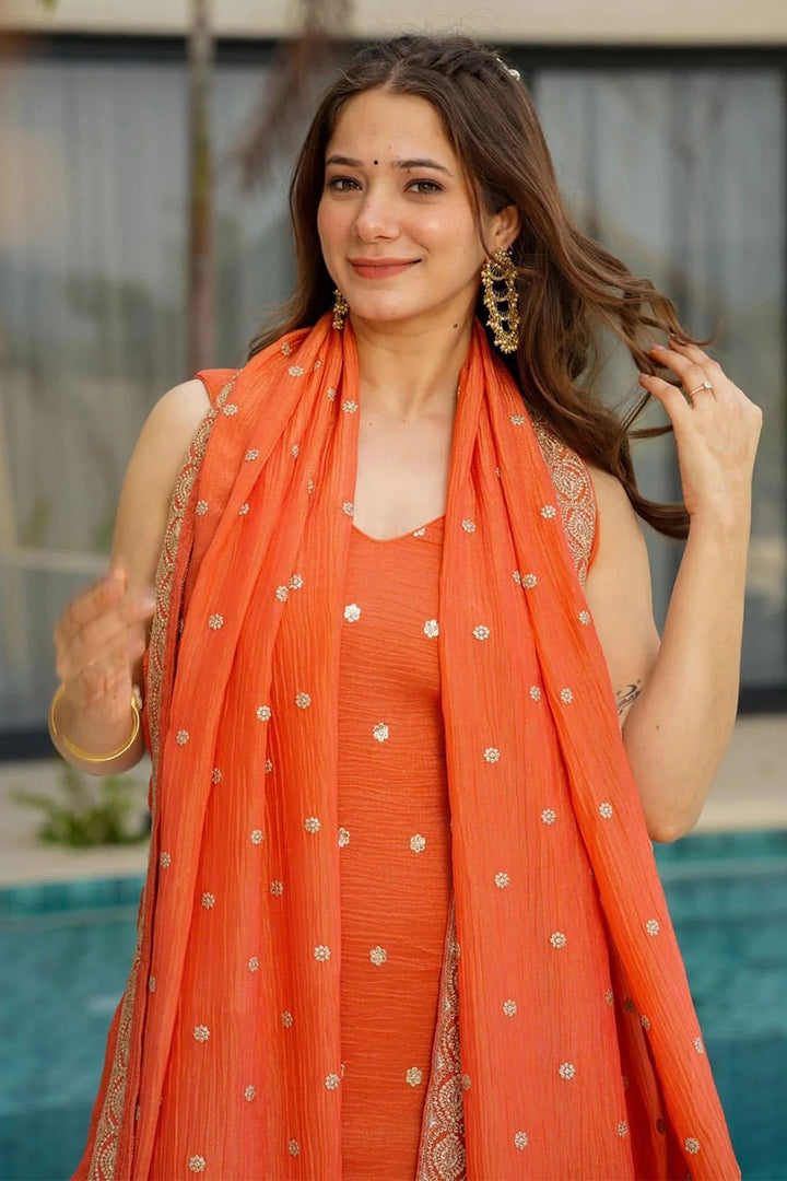 Orange Chinon Silk Engaging Readymade Palazzo Suit