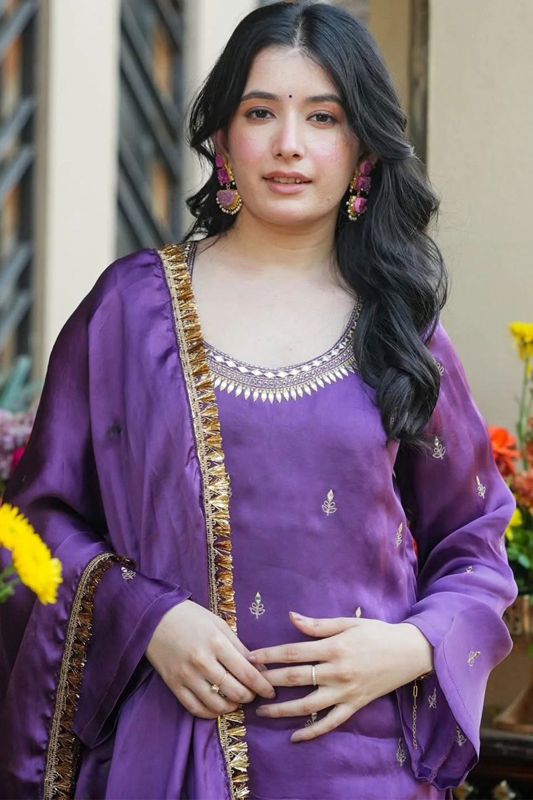 Lavender Readymade Palazzo Suit In Crepe Silk Fabric
