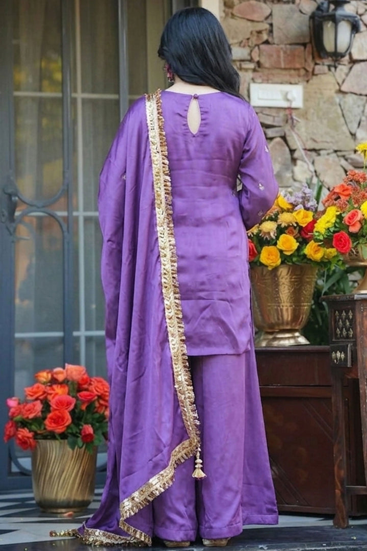 Lavender Readymade Palazzo Suit In Crepe Silk Fabric