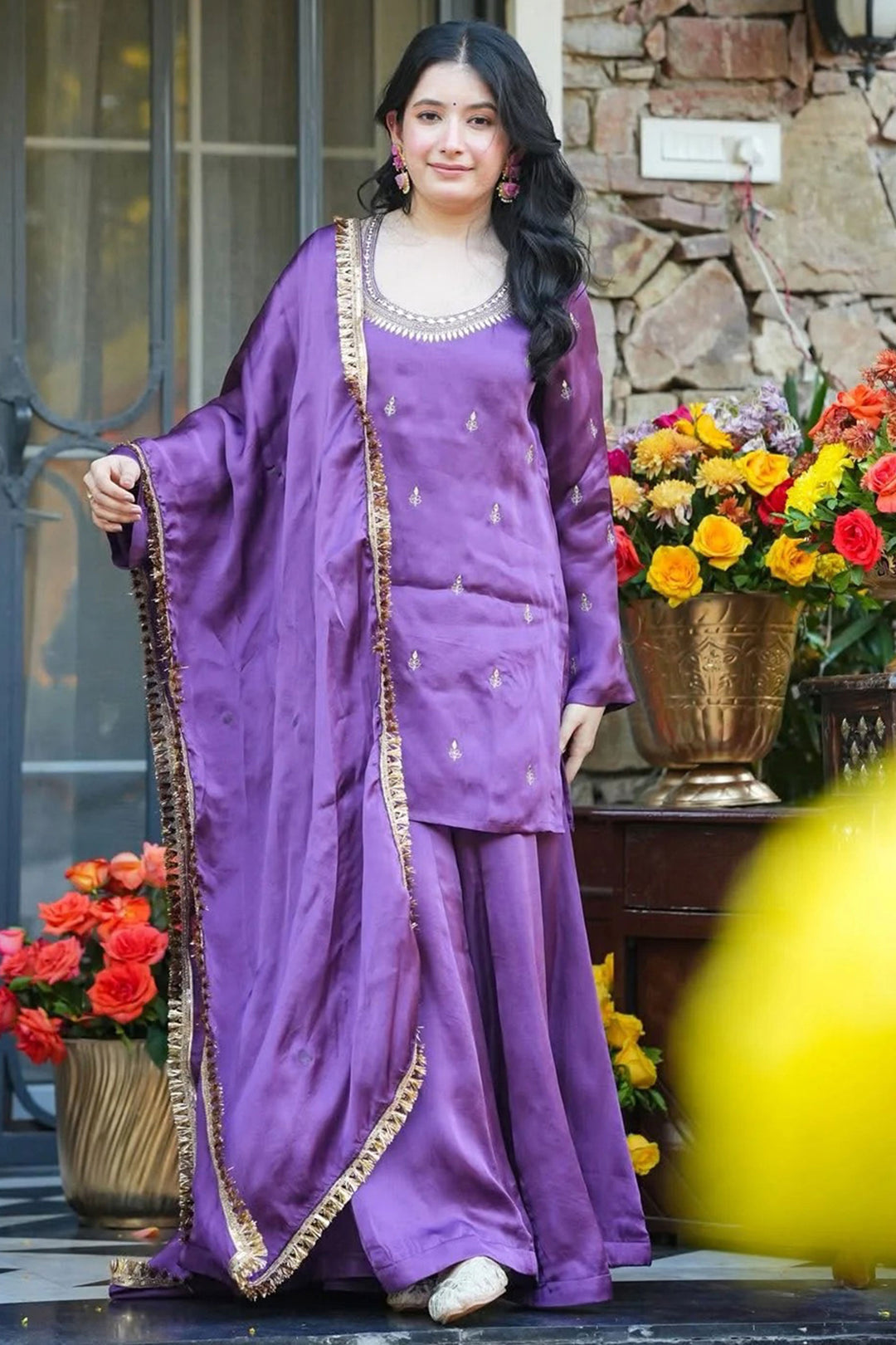 Lavender Readymade Palazzo Suit In Crepe Silk Fabric