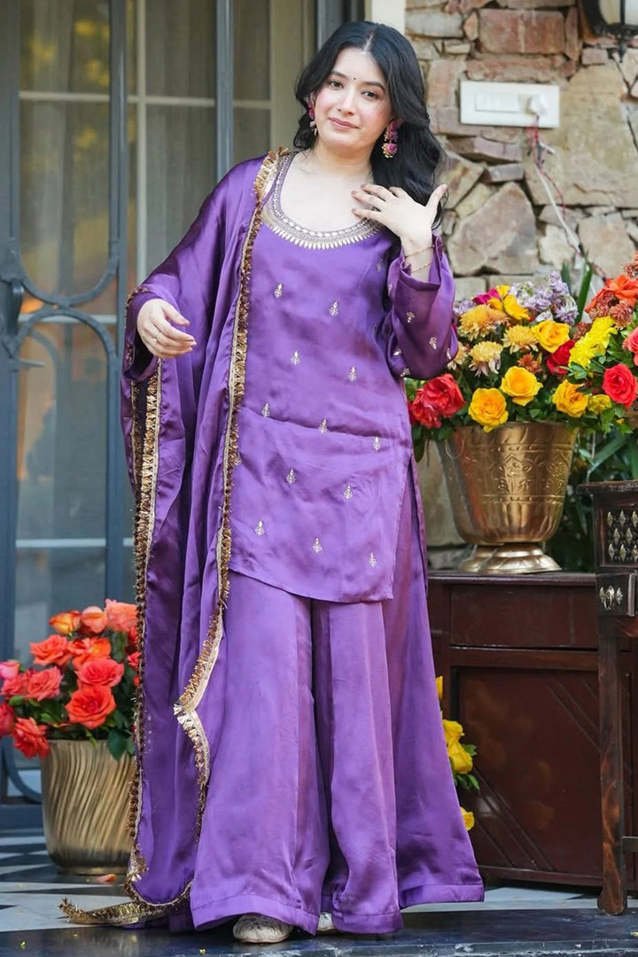 Lavender Readymade Palazzo Suit In Crepe Silk Fabric
