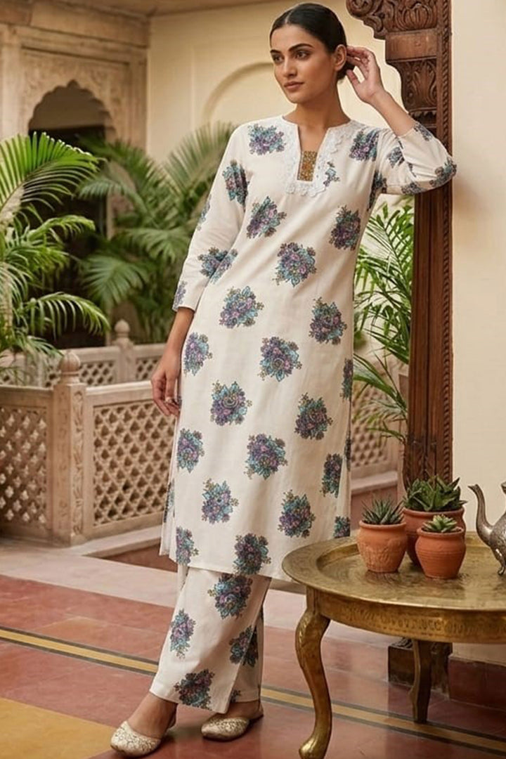 White Color Cotton Printed Readymade Kurti With Pant