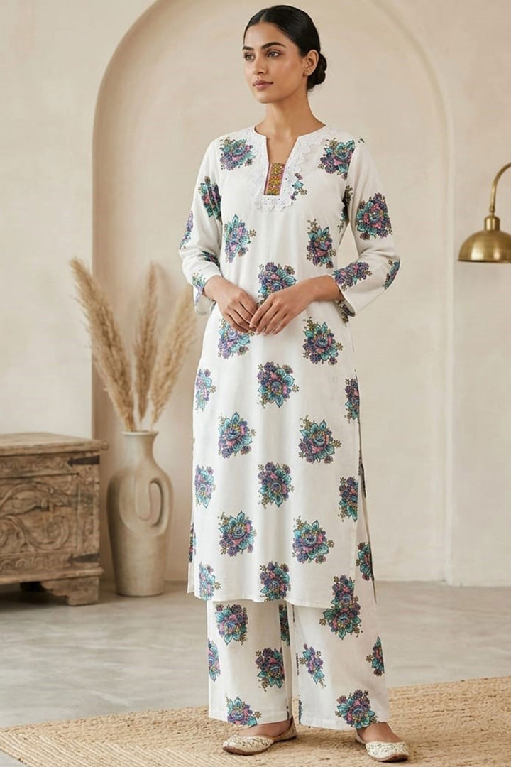 White Color Cotton Printed Readymade Kurti With Pant