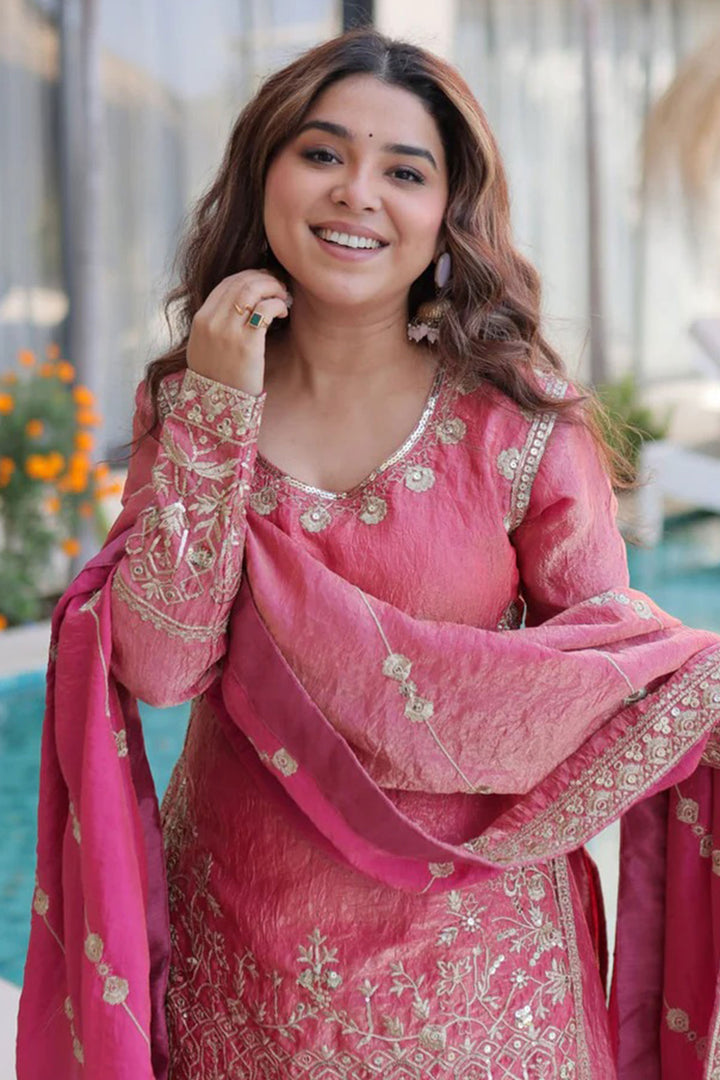 Pink Art Silk Stunning Readymade Palazzo Suit