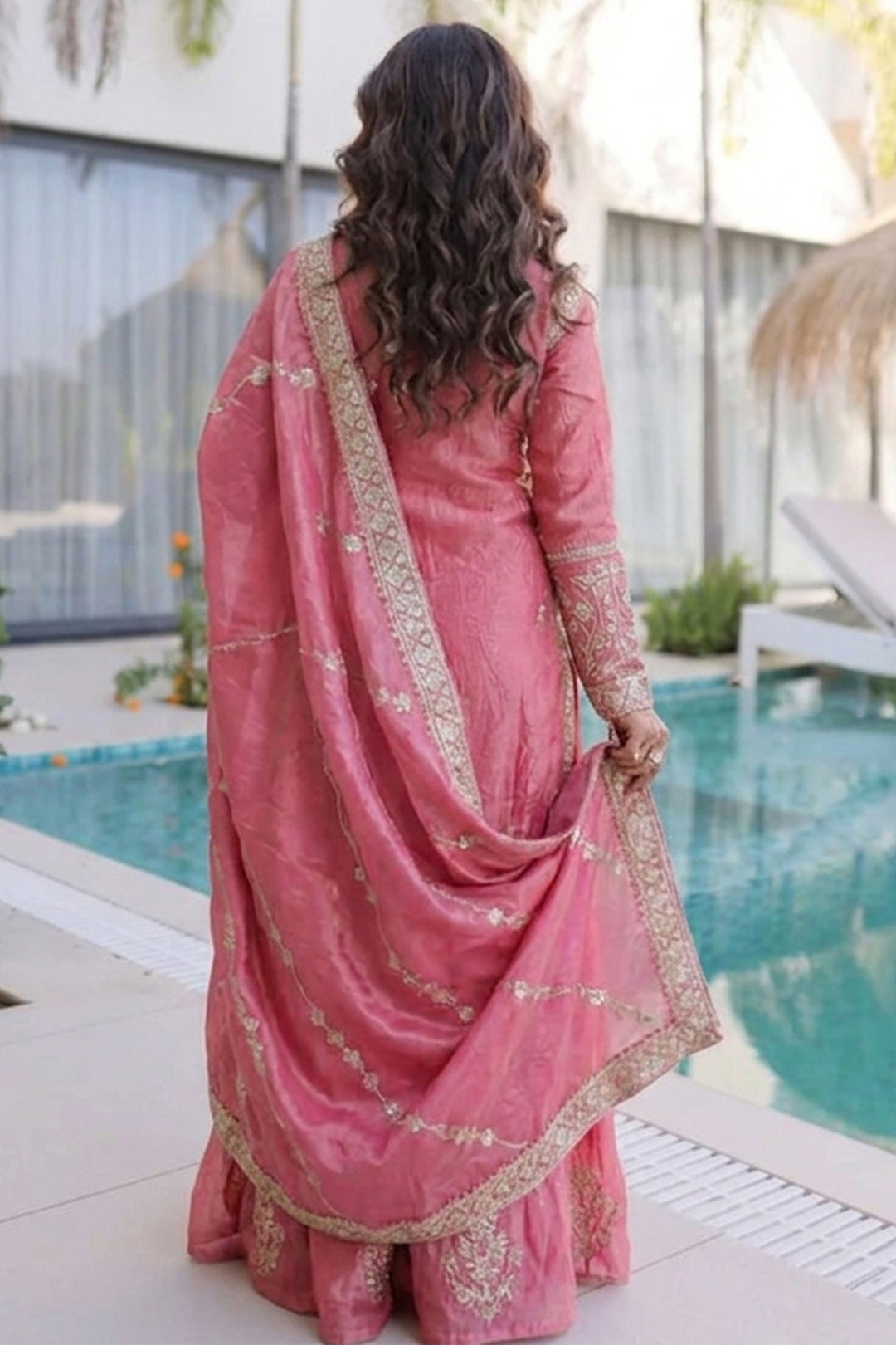 Pink Art Silk Stunning Readymade Palazzo Suit