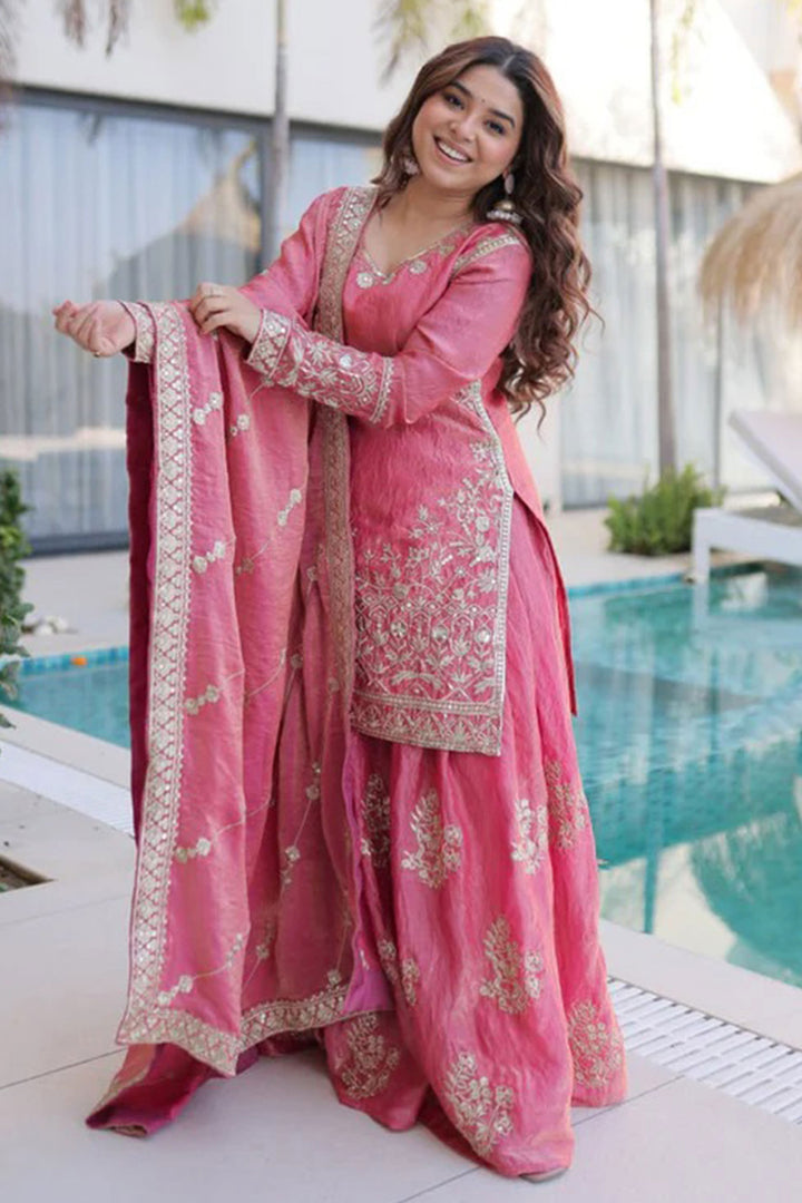 Pink Art Silk Stunning Readymade Palazzo Suit