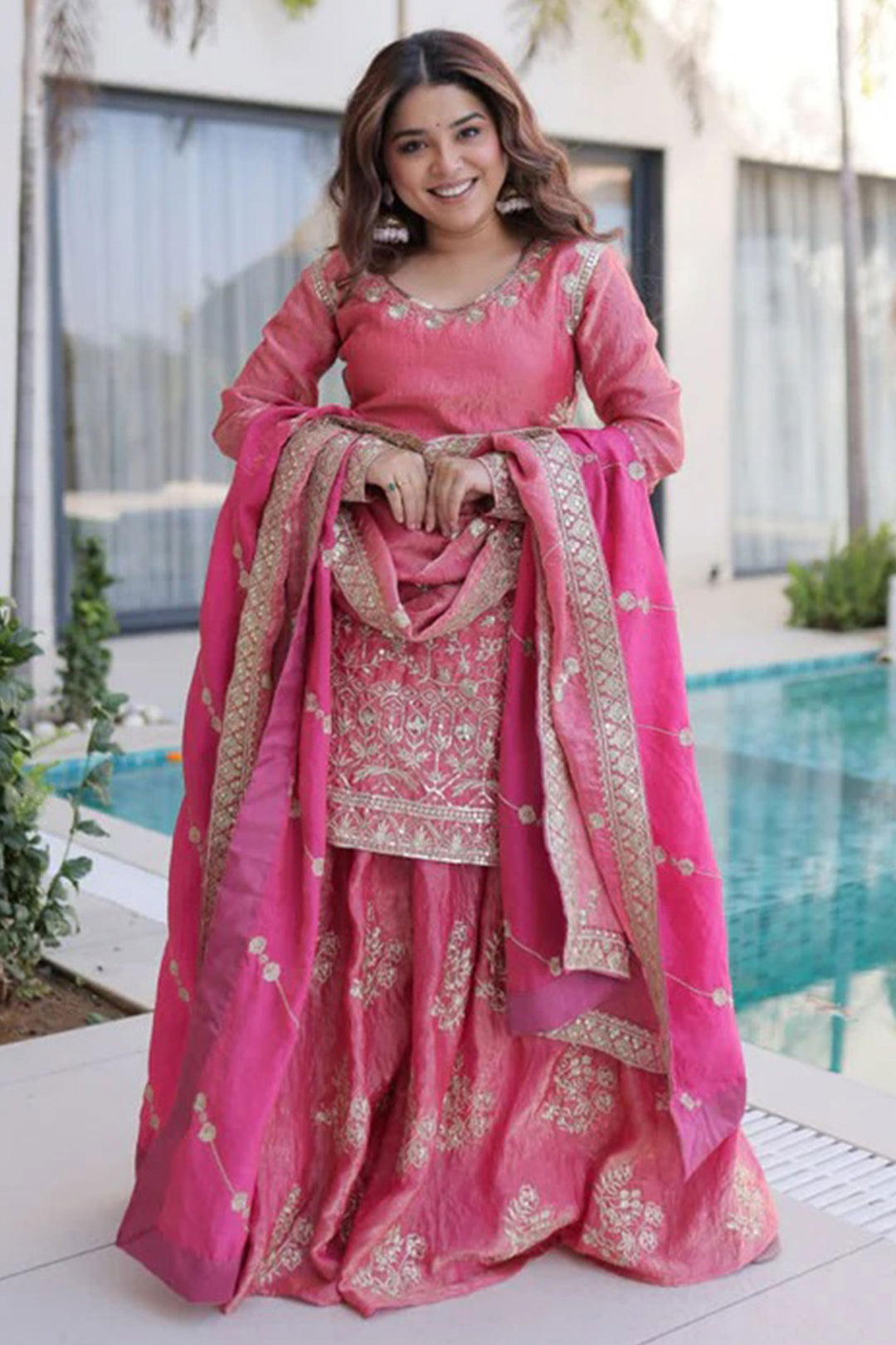 Pink Art Silk Stunning Readymade Palazzo Suit