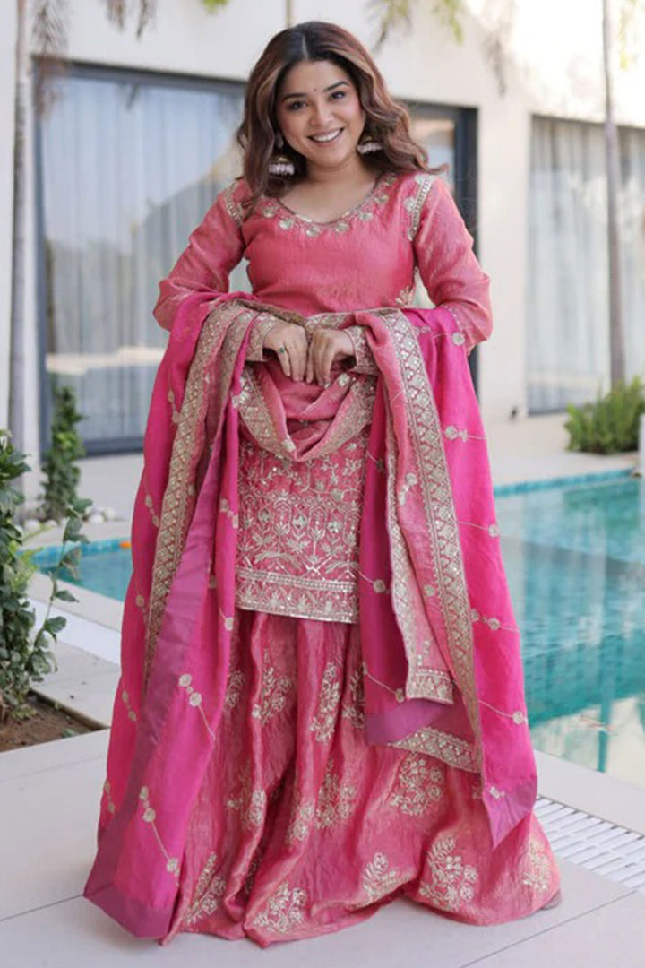 Pink Art Silk Stunning Readymade Palazzo Suit