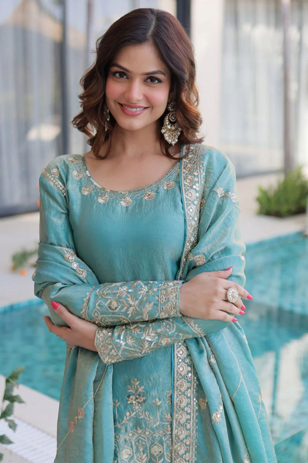 Light Cyan Color Art Silk Readymade Palazzo Suit