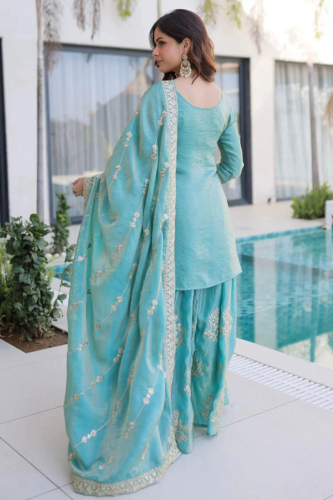 Light Cyan Color Art Silk Readymade Palazzo Suit