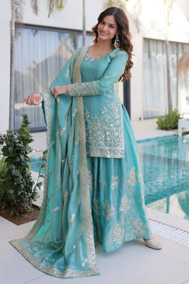 Light Cyan Color Art Silk Readymade Palazzo Suit