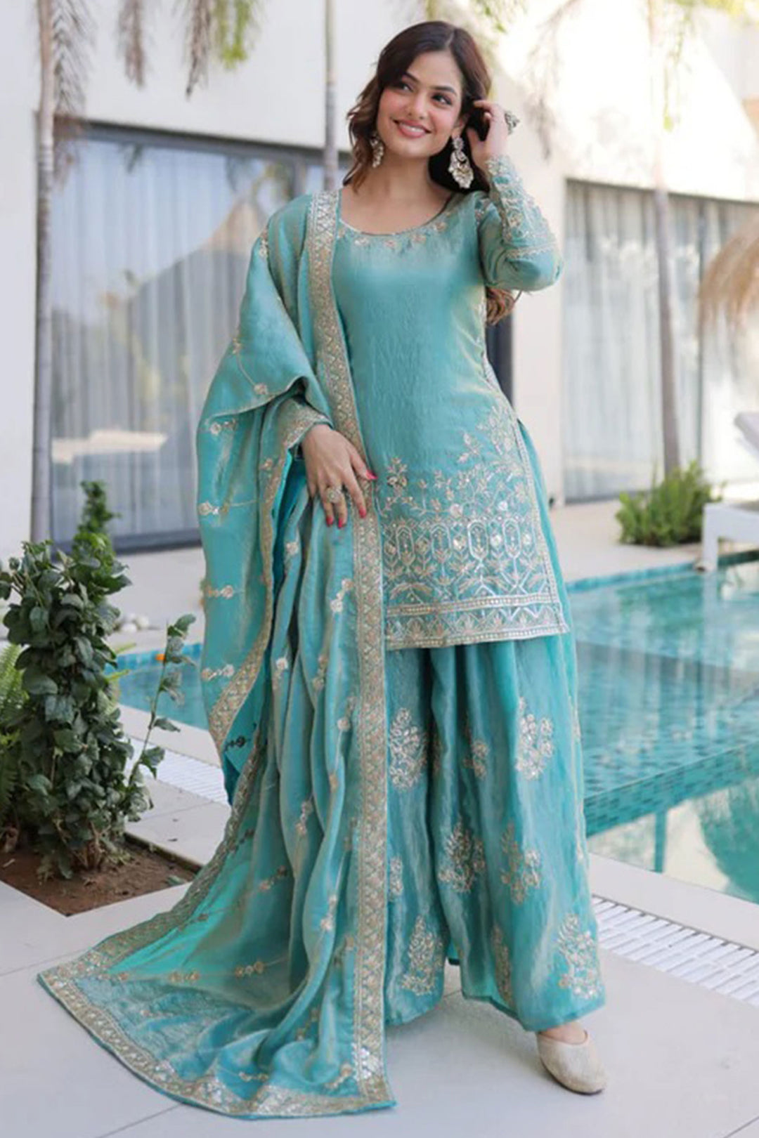 Light Cyan Color Art Silk Readymade Palazzo Suit