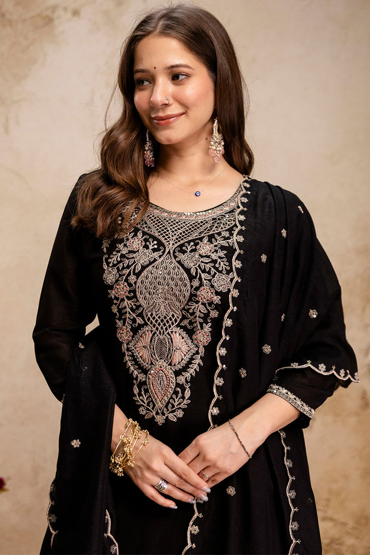 Vichitra Fabric Black Color Readymade Kurti With Pant