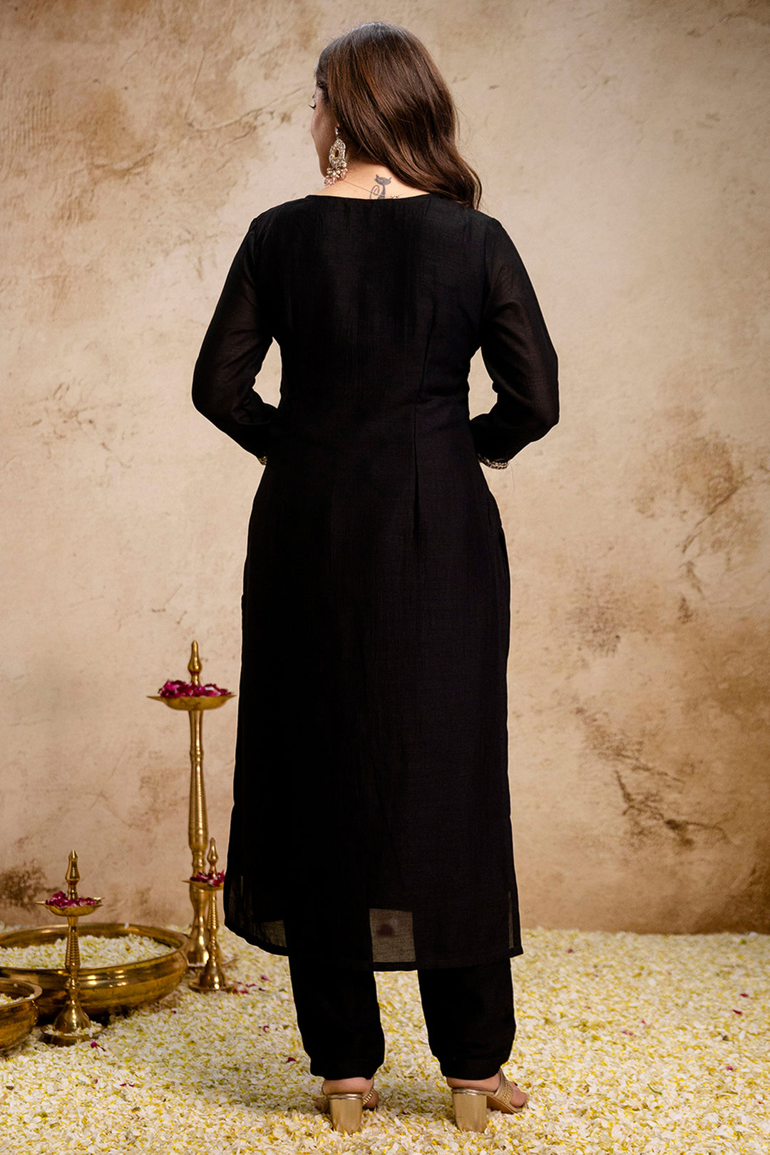 Vichitra Fabric Black Color Readymade Kurti With Pant