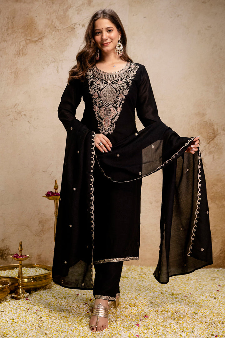 Vichitra Fabric Black Color Readymade Kurti With Pant