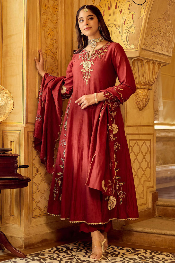Maroon Color Chanderi Silk Readymade Anarkali Style Suit | Buy Online India