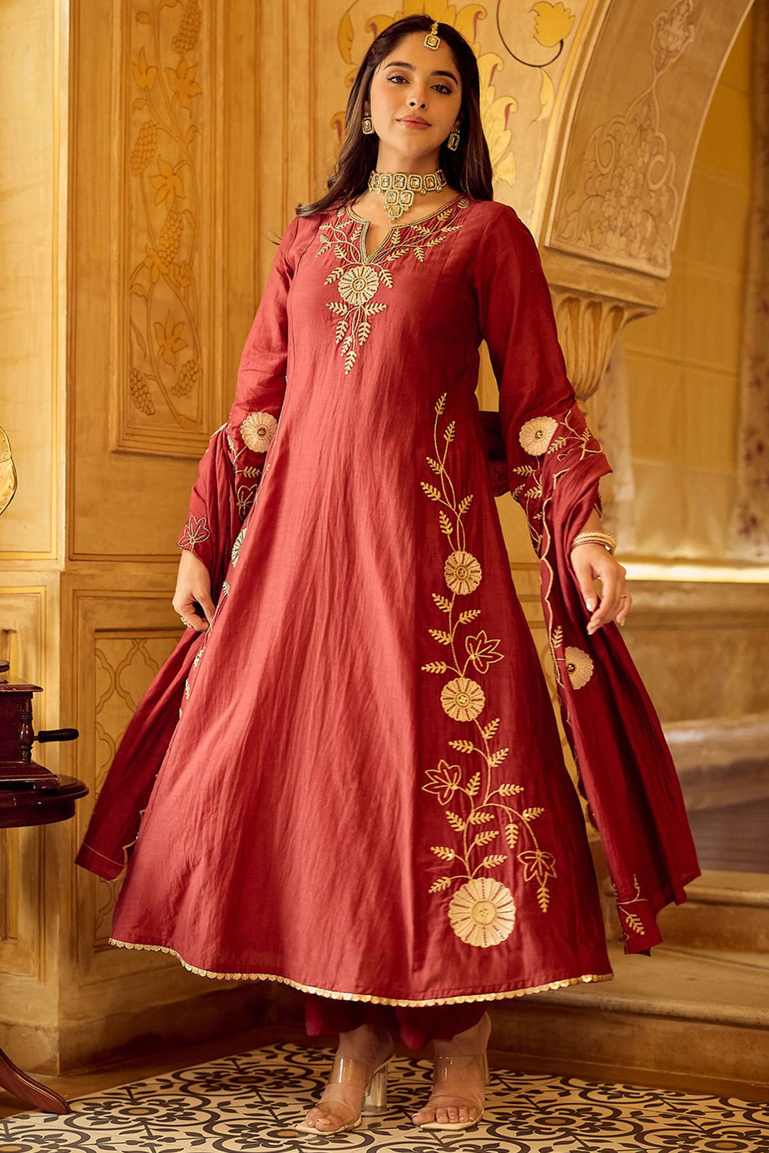 Maroon Color Chanderi Silk Readymade Anarkali Style Suit | Buy Online India