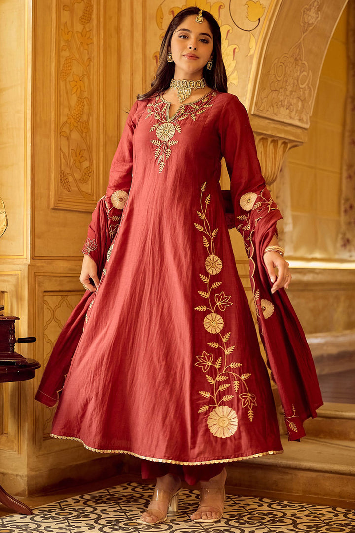 Maroon Color Chanderi Silk Readymade Anarkali Style Suit | Buy Online India
