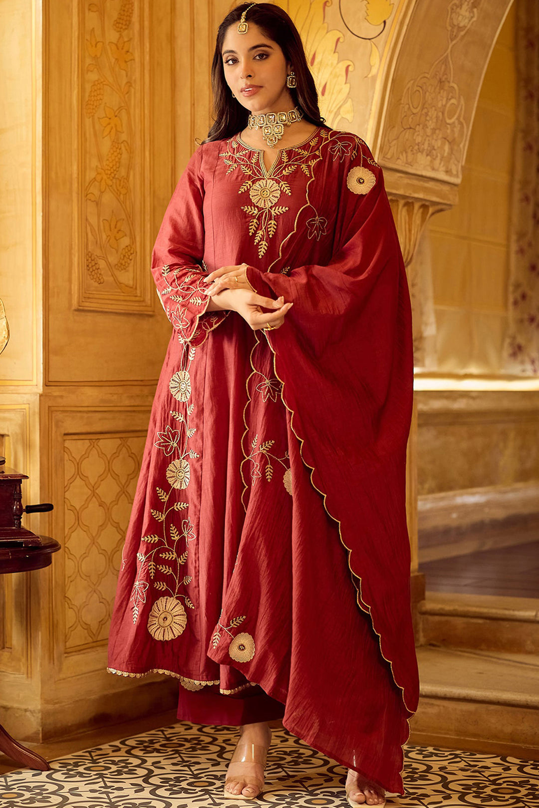 Maroon Color Chanderi Silk Readymade Anarkali Style Suit | Buy Online India