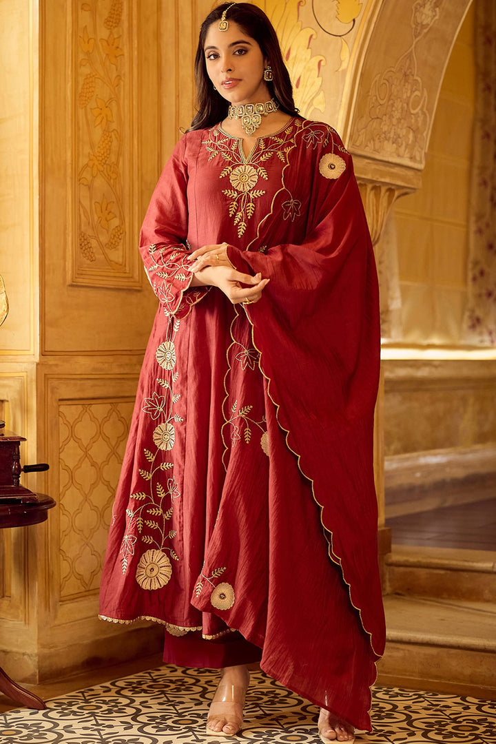 Maroon Color Chanderi Silk Readymade Anarkali Style Suit | Buy Online India