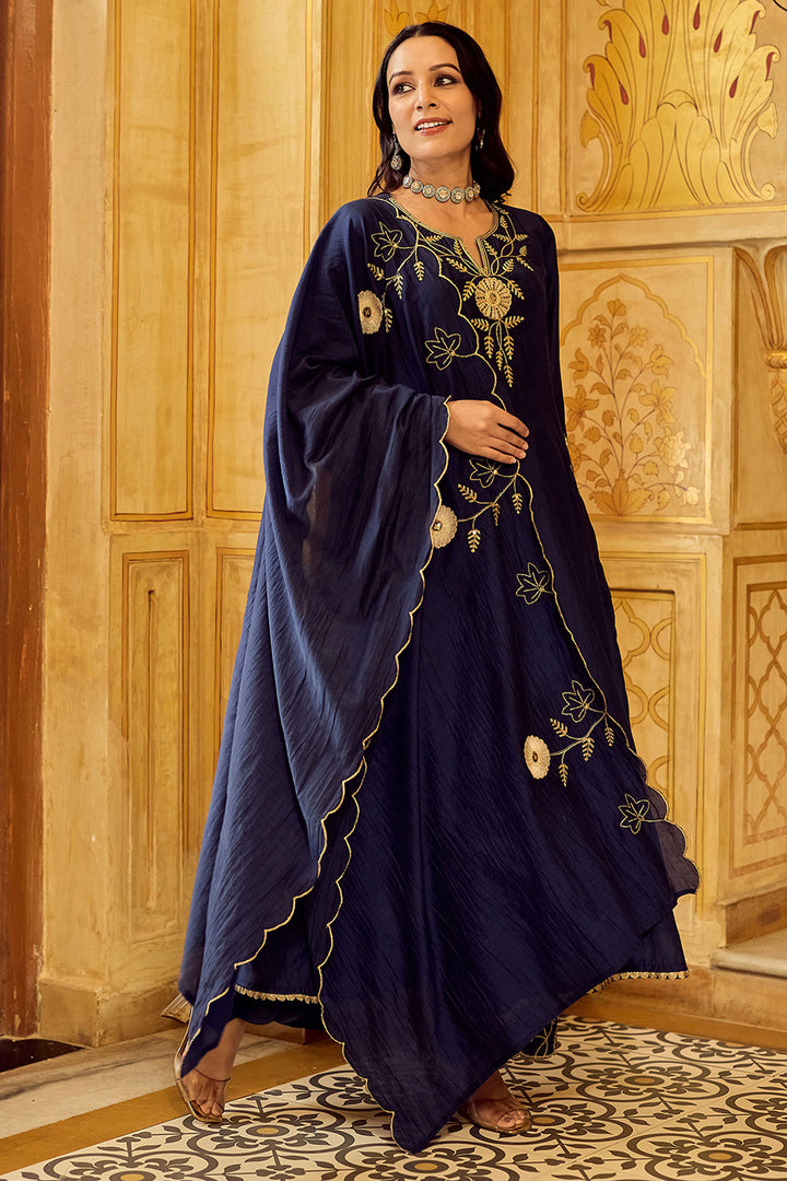 Chanderi Silk Navy Blue Readymade Anarkali Style Suit | Buy Online India