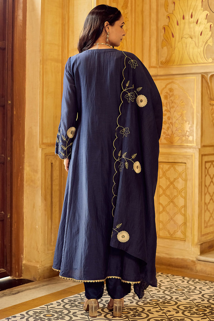 Chanderi Silk Navy Blue Readymade Anarkali Style Suit | Buy Online India