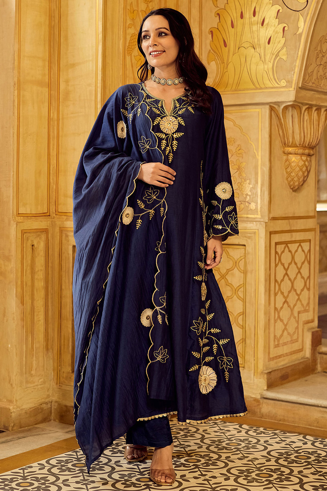 Chanderi Silk Navy Blue Readymade Anarkali Style Suit | Buy Online India