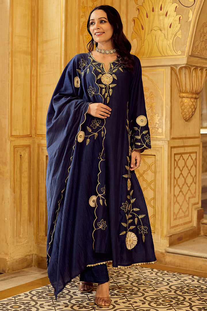 Chanderi Silk Navy Blue Readymade Anarkali Style Suit | Buy Online India