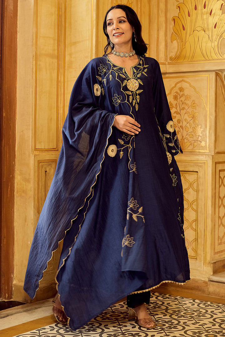 Chanderi Silk Navy Blue Readymade Anarkali Style Suit | Buy Online India