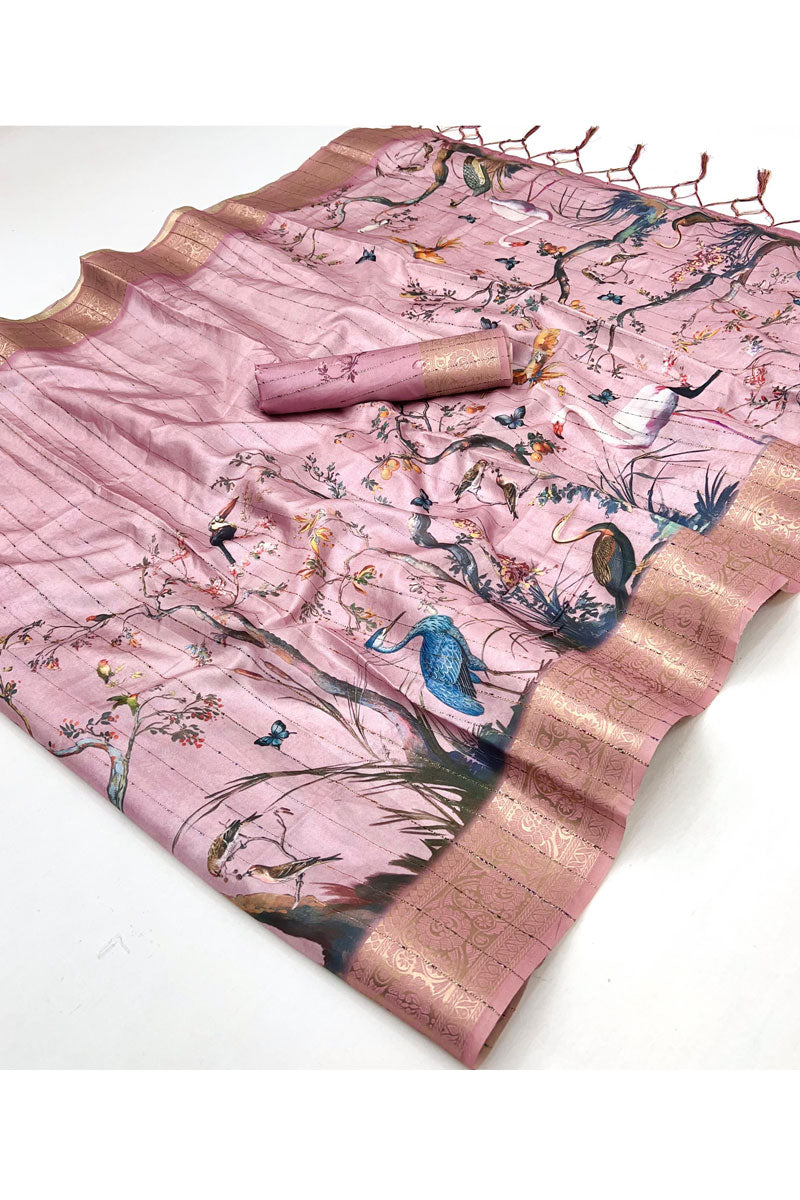 Digital Printed Pink Color Soft Silk Saree