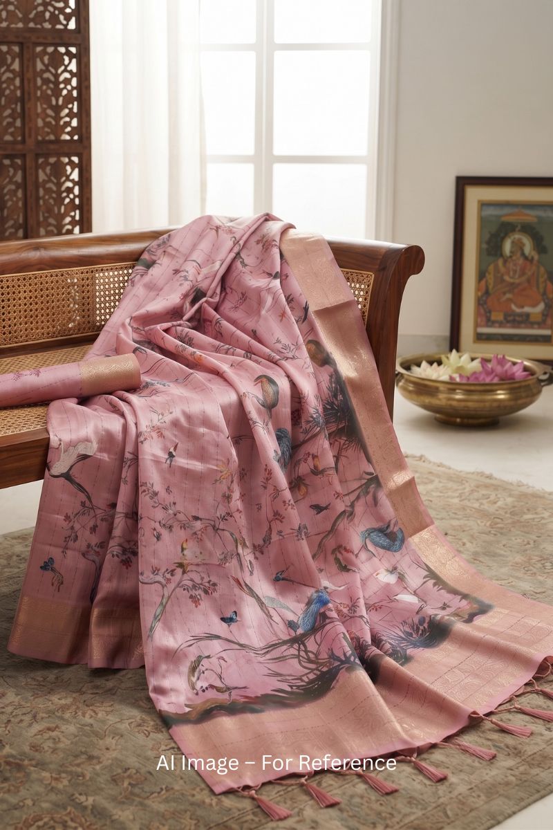 Digital Printed Pink Color Soft Silk Saree