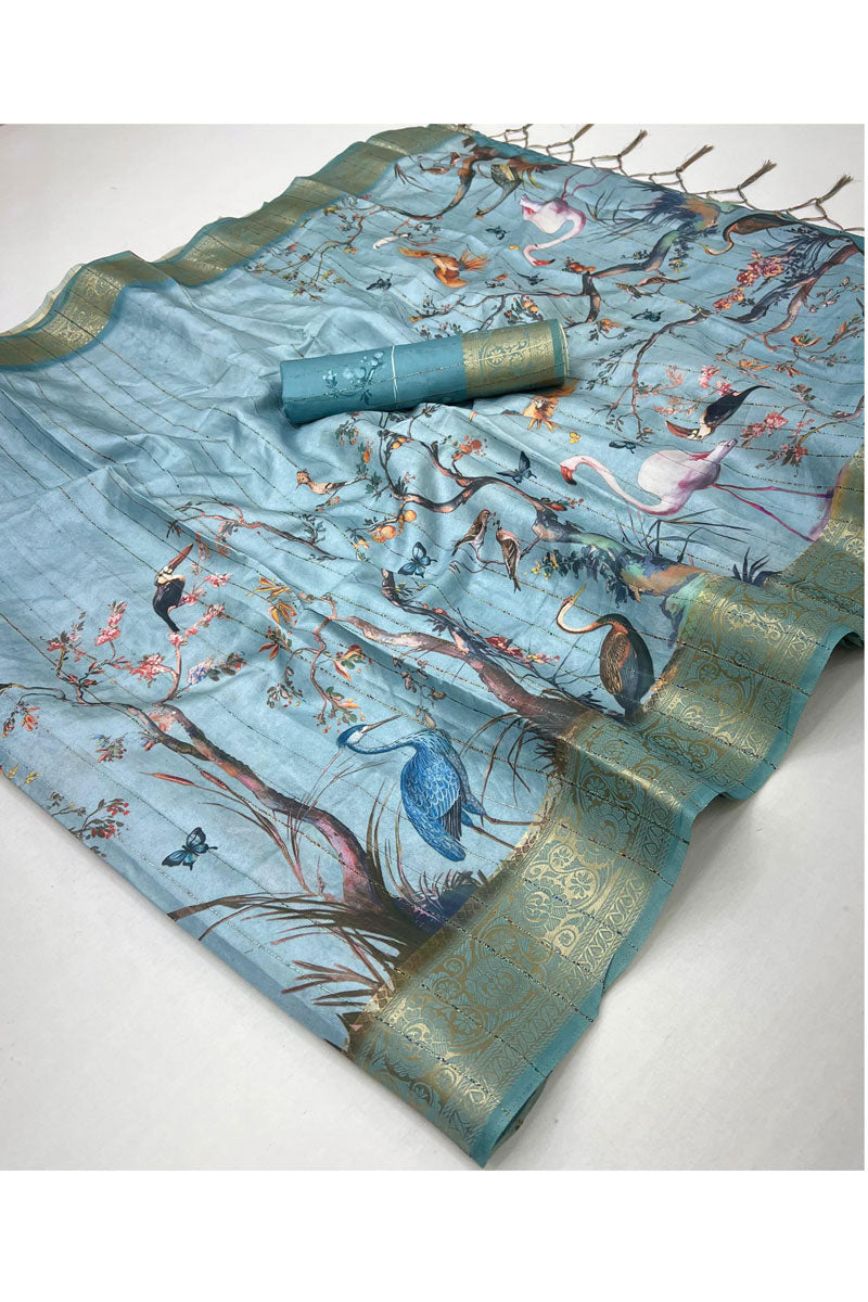 Digital Printed Soft Silk Saree In Cyan Color