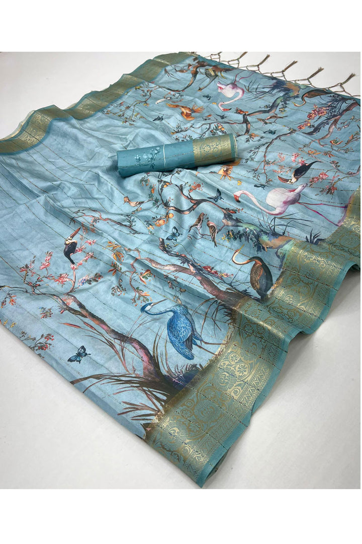 Digital Printed Soft Silk Saree In Cyan Color